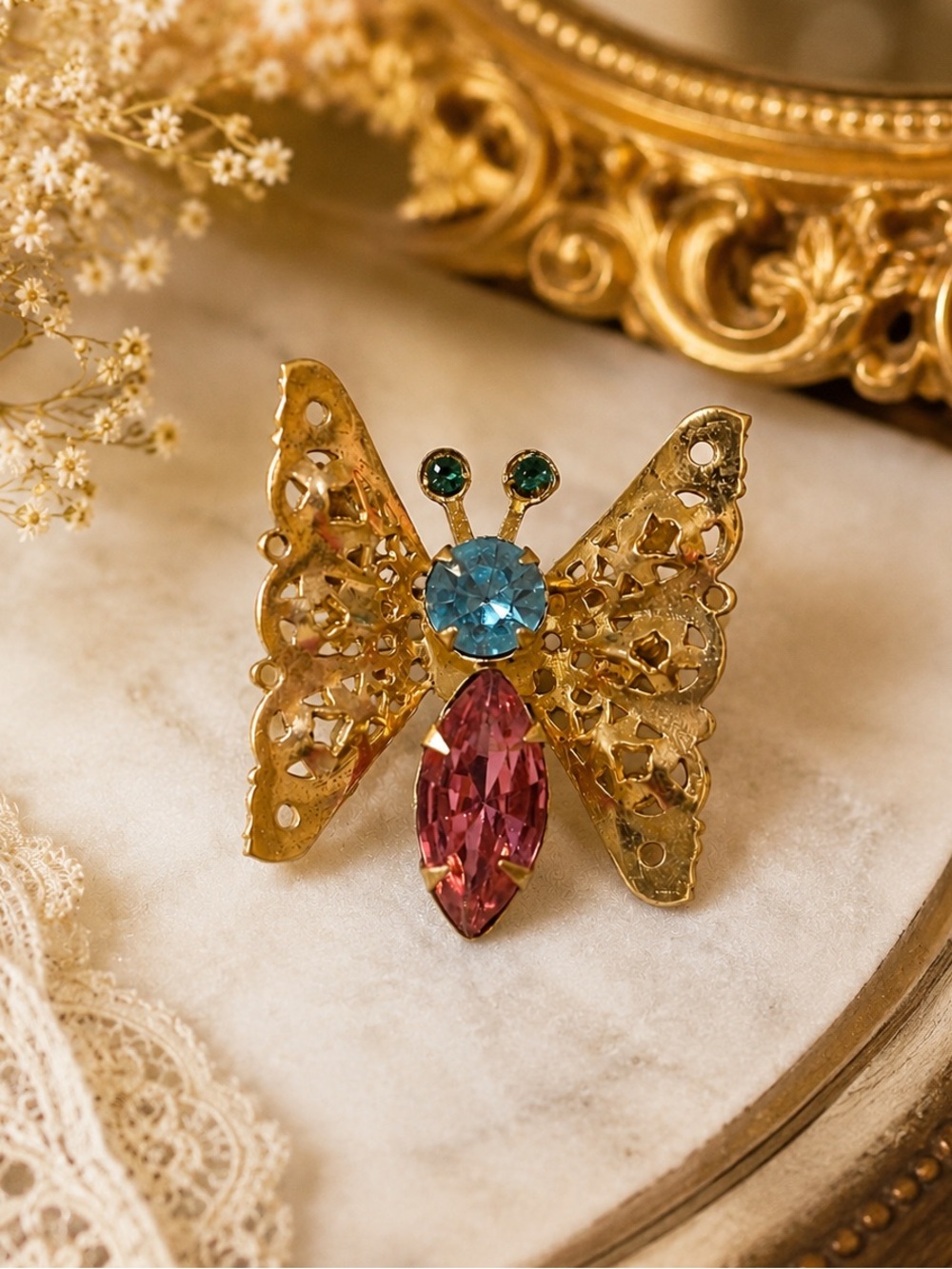 Vintage Butterfly Rhinestone Brooch Pin Gold Tone Blue Pink 1”
